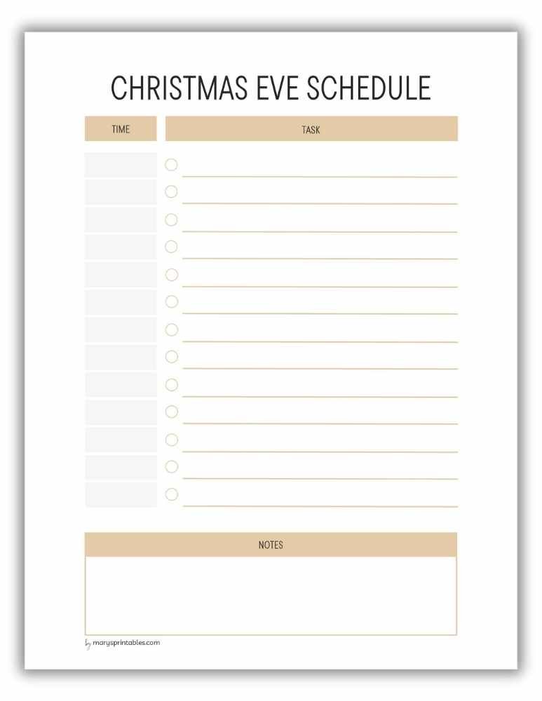 Gold Christmas Eve schedule printable for festive events