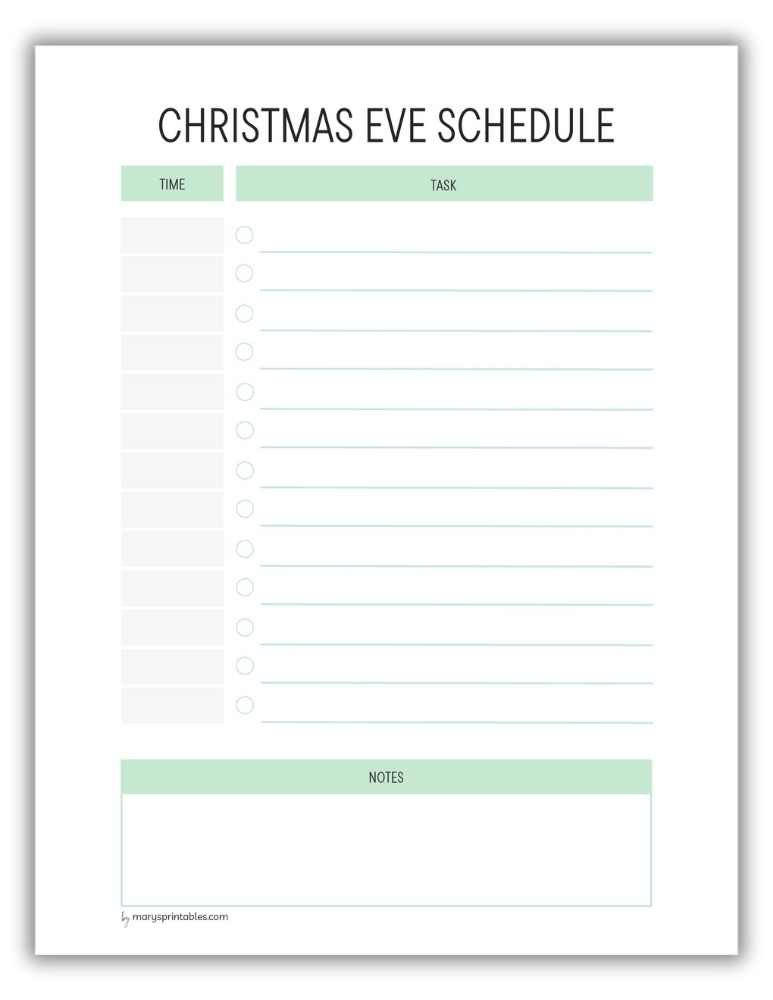 Green Christmas Eve schedule printable for holiday planning