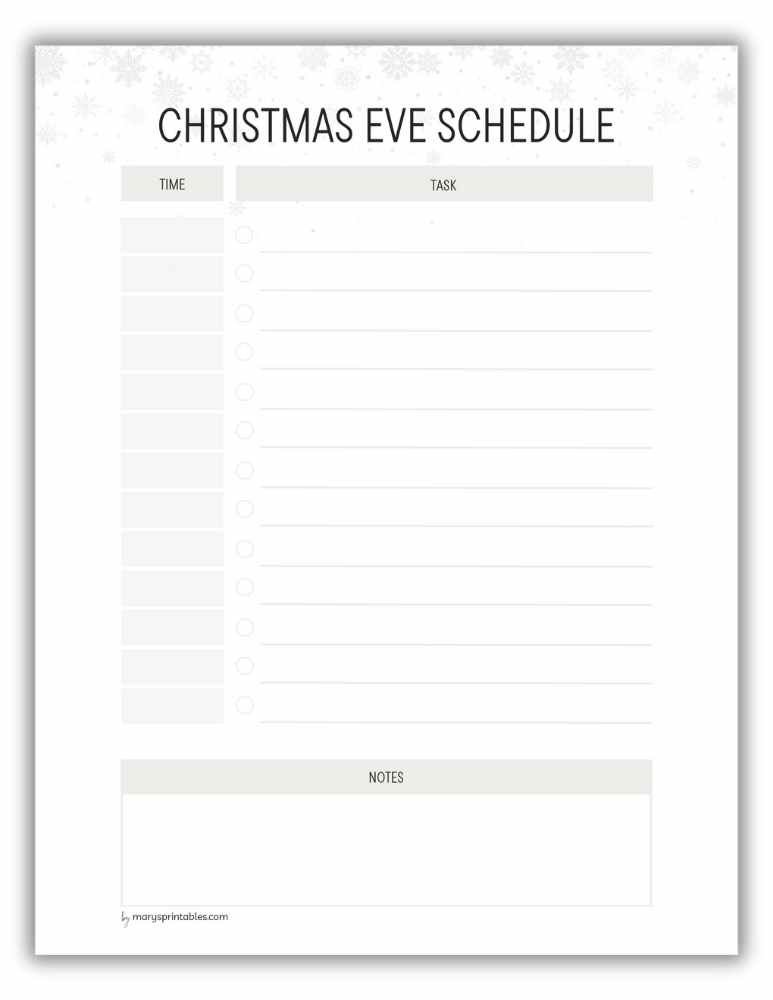 Snow-themed Christmas Eve schedule printable for winter planning