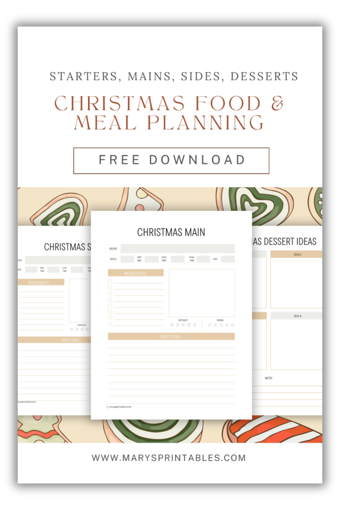 Christmas food and meal planning printables for organizing holiday menus, recipes, and grocery lists