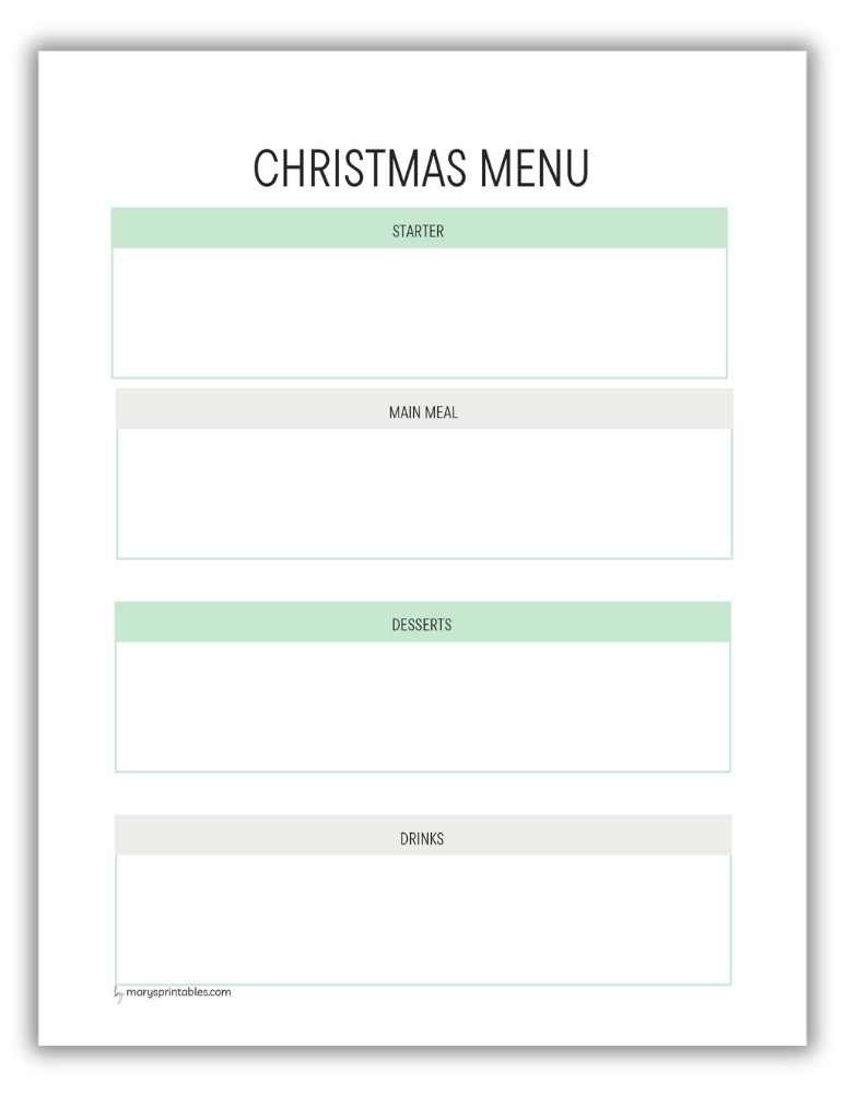 Green Christmas menu planner printable for festive dinners