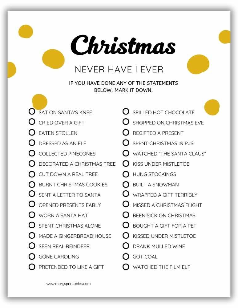 Printable Never Have I Ever Christmas edition game – fun holiday icebreaker for parties.