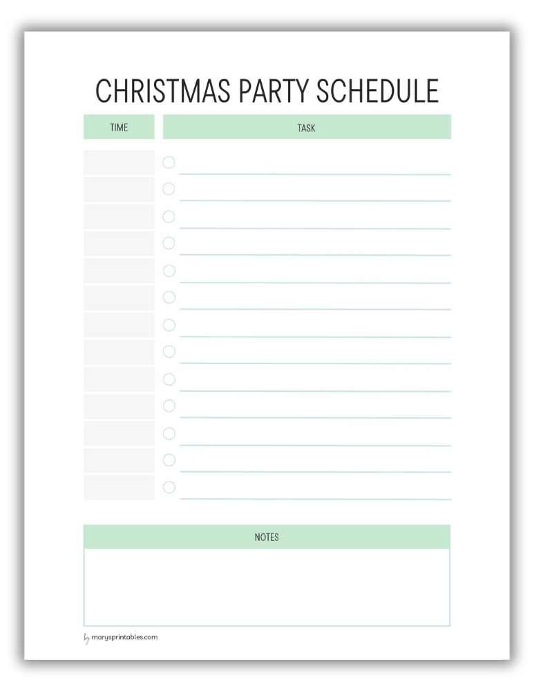 Green Christmas party schedule printable for holiday party planning