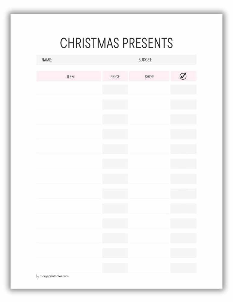 Pink Christmas presents printable to track gifts for family and friends
