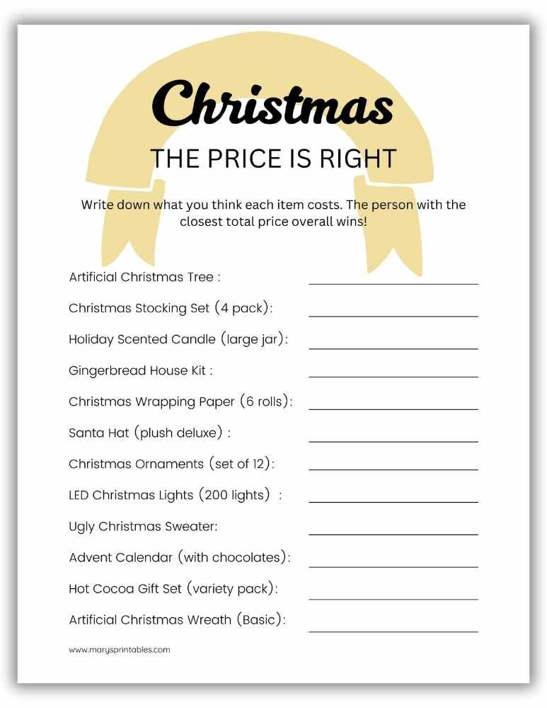 Printable Christmas Price Is Right game – guess-the-cost holiday quiz for parties.