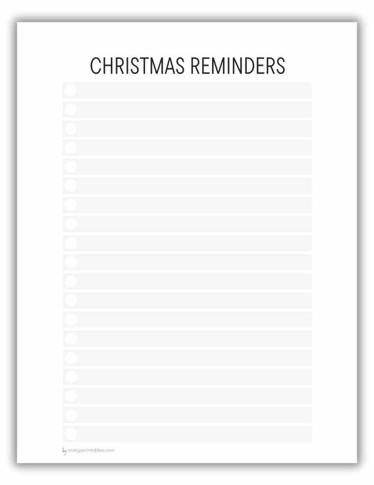 Christmas reminders printable with elegant header and lined space to jot important holiday notes and plans.