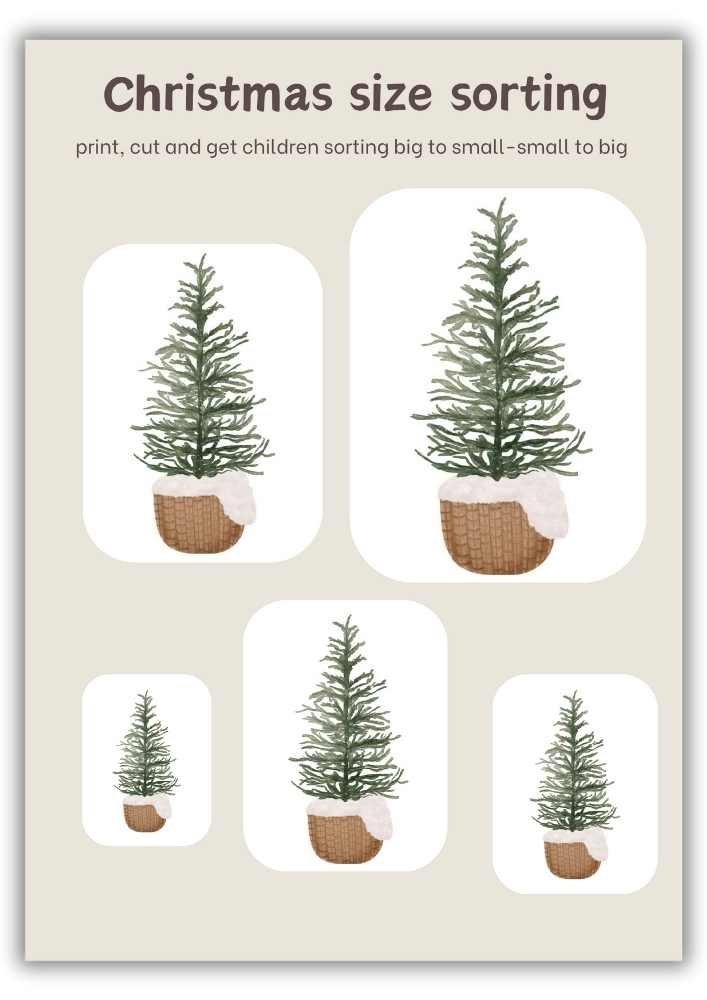 Christmas size-sorting flashcards showing small, medium, and large holiday objects.