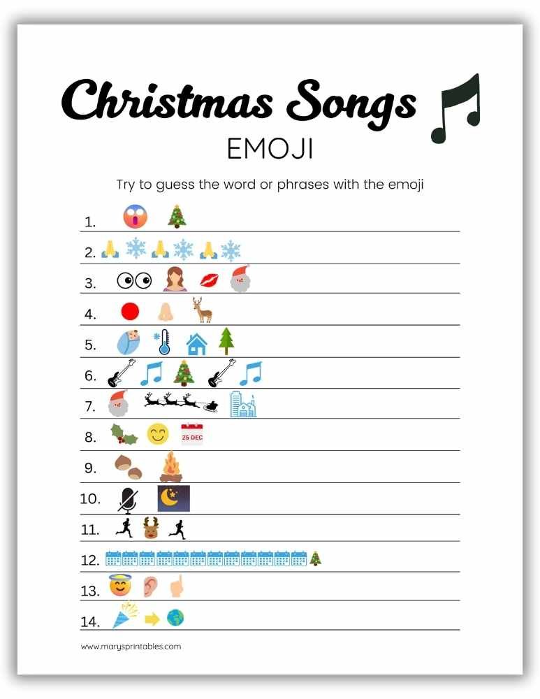 Printable Christmas song emoji game – guess the carols using emoji clues.