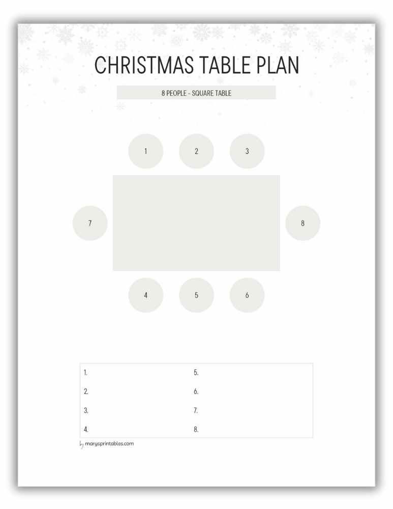 Snow-themed Christmas table layout printable for 8-person square dinner