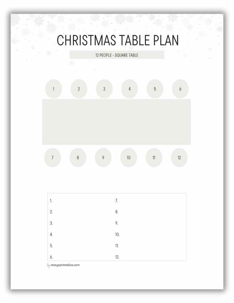 Winter-inspired Christmas table arrangement printable for 12 guests