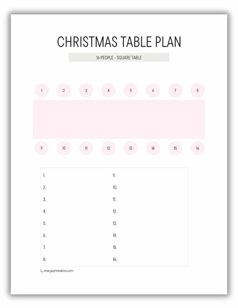 Pink Christmas banquet seating plan printable for 16 guests at long table