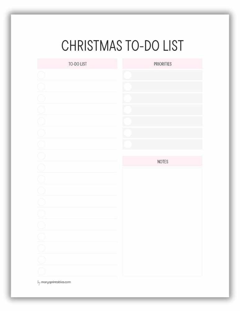 Light red Christmas to-do list printable for tracking shopping, decorating, and party prep.