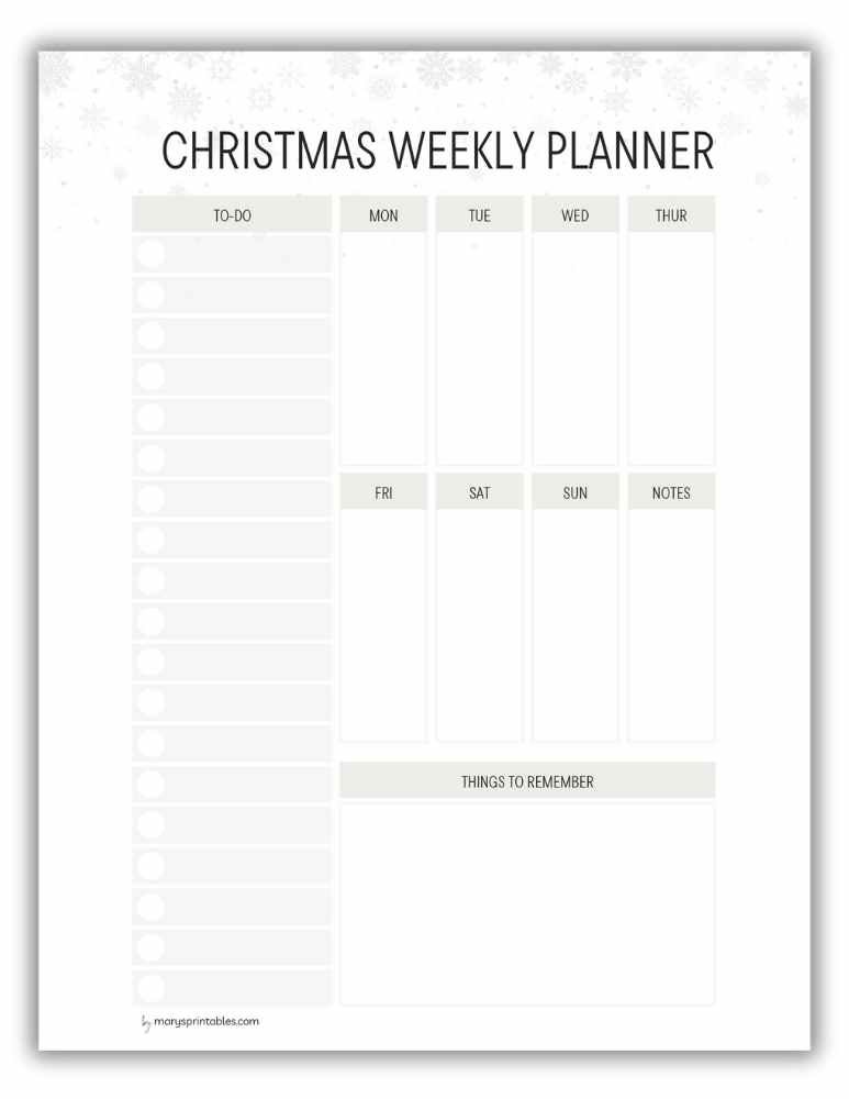 Snow-themed Christmas weekly planner printable with winter design