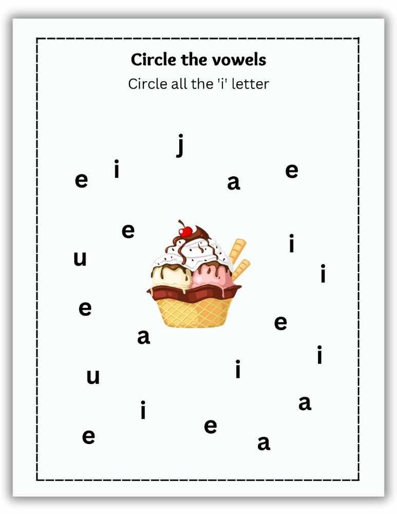 Circle the vowels worksheet for letter I featuring an ice cream illustration