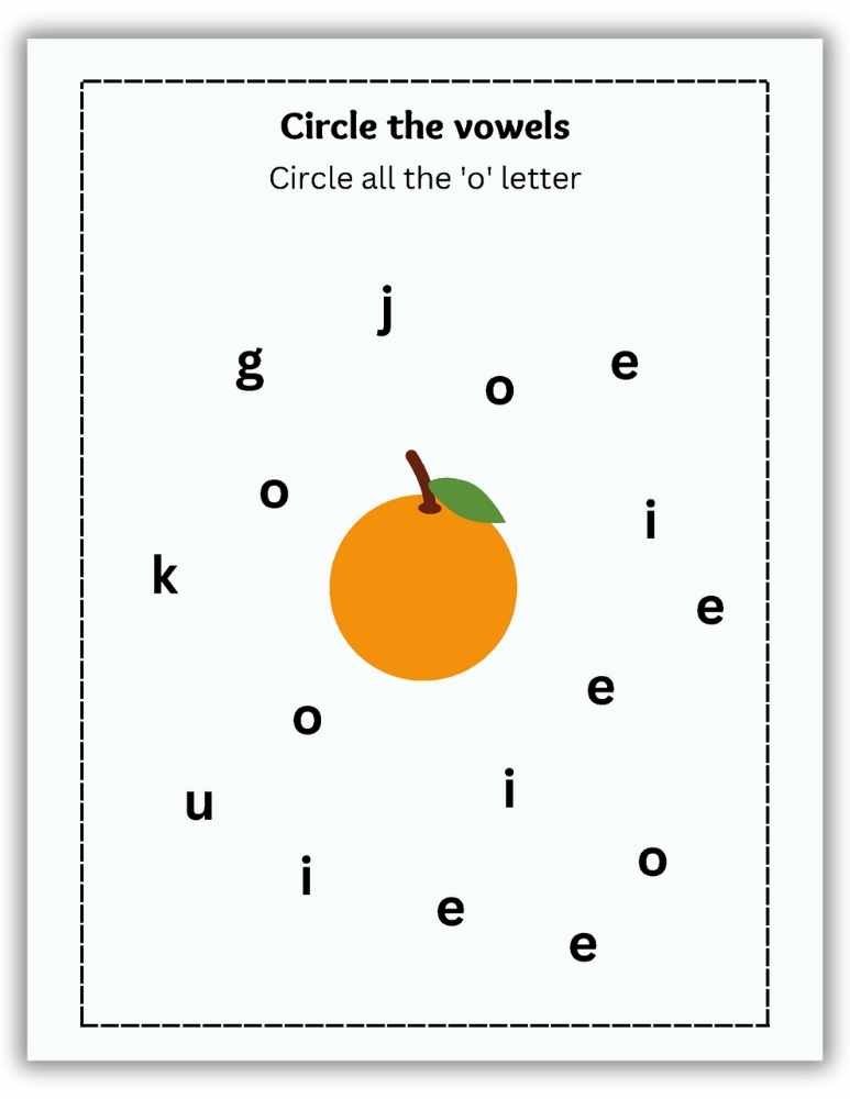 Circle the vowels activity sheet asking students to circle the letter O with an orange picture