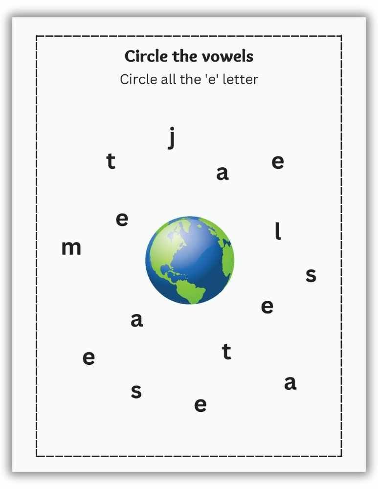 Circle the vowels worksheet focusing on the letter E with a globe illustration
