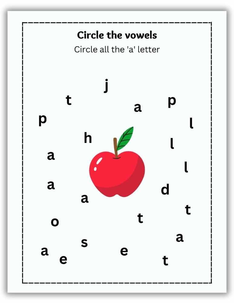Circle the vowels printable where children circle the letter A with an apple image