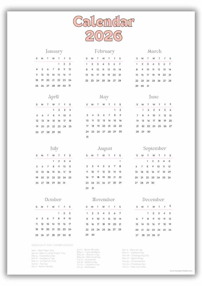 2026 printable calendar featuring a peach bubble text header and a full year overview with U.S. holidays listed at the bottom.