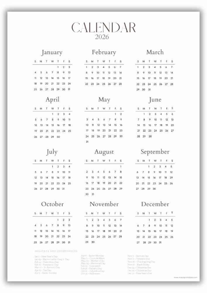 Elegant warm-neutral 2026 yearly calendar in classic serif typeface featuring a full list of U.S. holidays for quick reference.