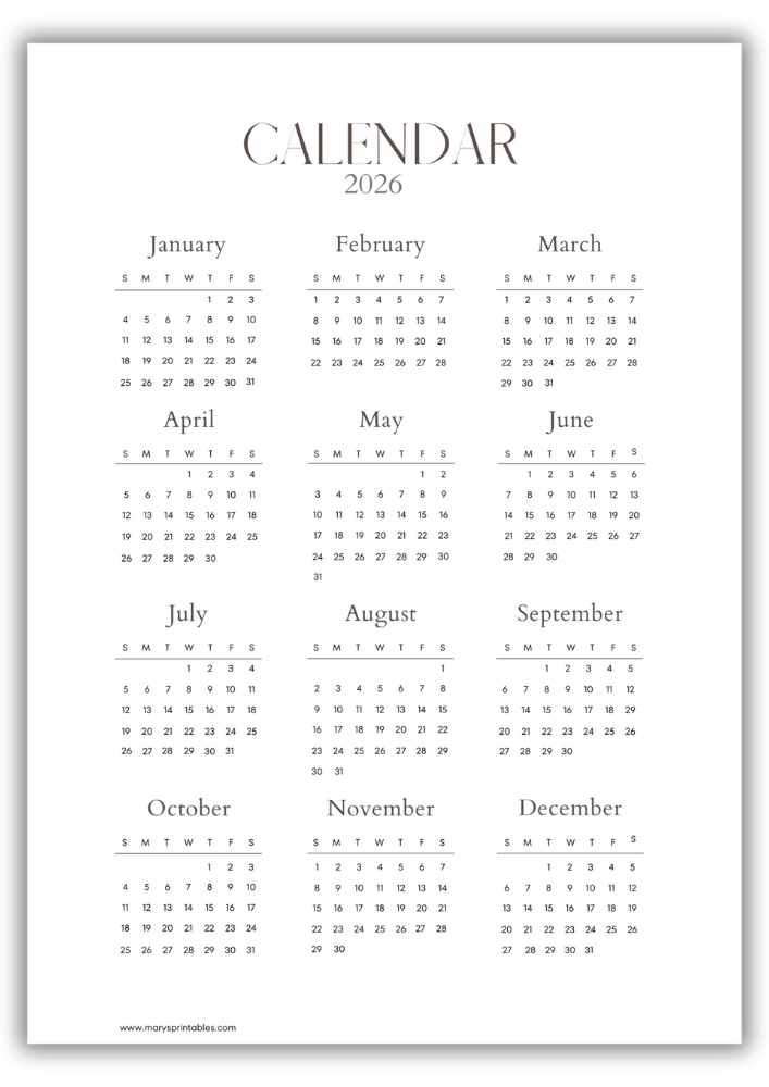 Minimal 2026 year-at-a-glance calendar with warm neutral serif typography and a clean, uncluttered layout without holiday markings.