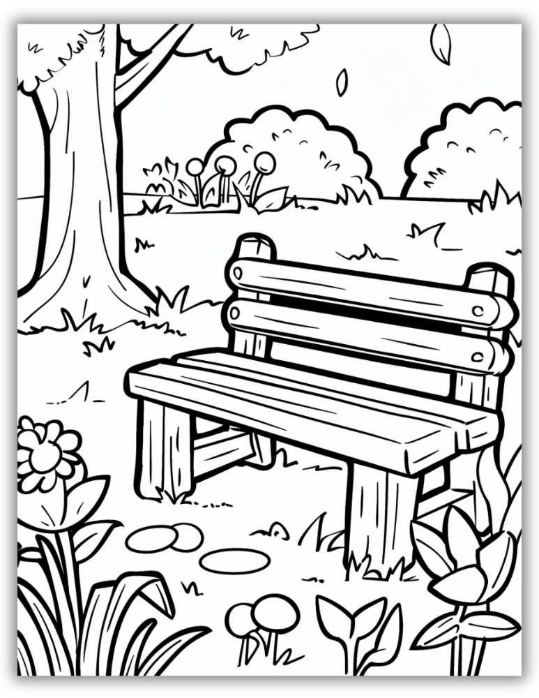 Park bench under a shady tree with calm surroundings – free printable PDF coloring page for peaceful outdoor scenes.