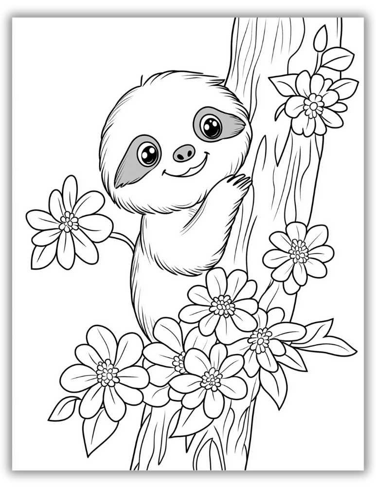 Cute sloth hugging a tree surrounded by flowers &mdash; free printable sloth coloring page for kids.