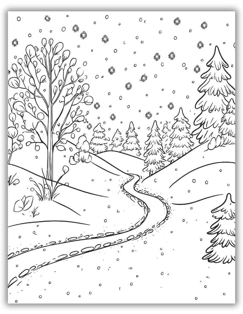 Winter coloring page featuring a winding path through snowy hills with trees and falling snow