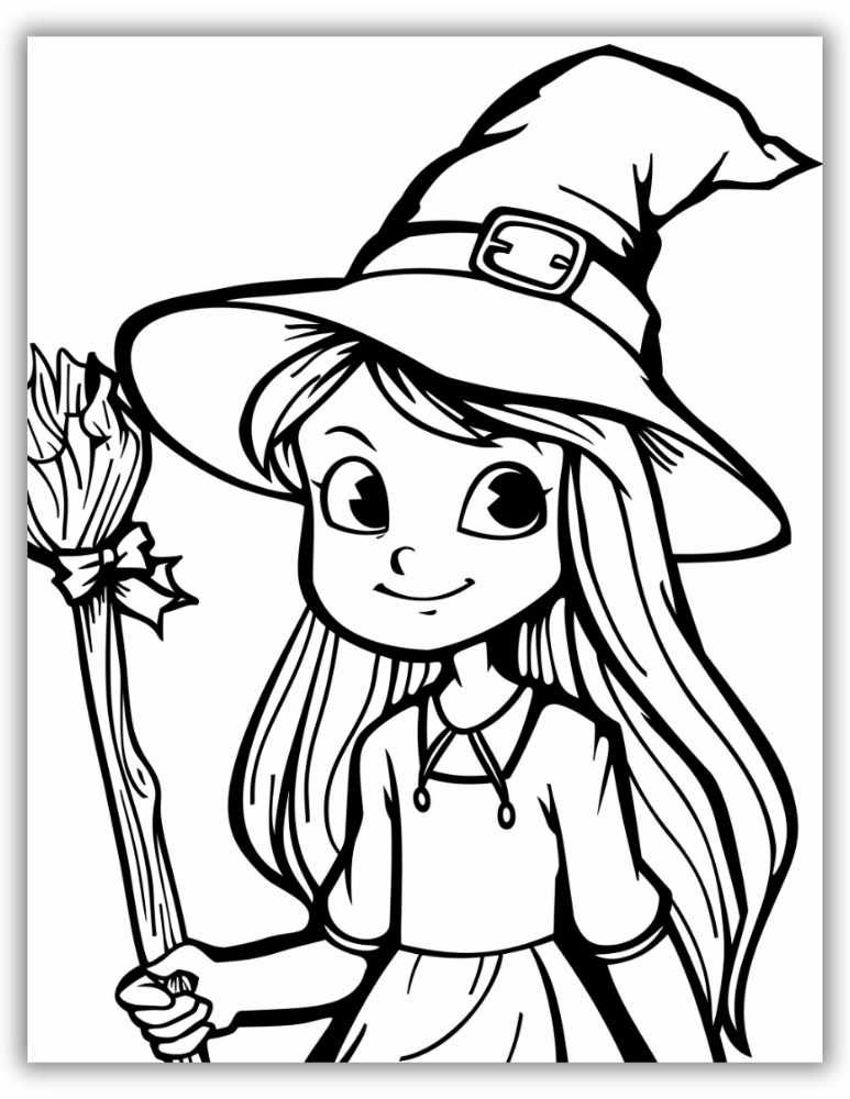 Witch coloring page printable holding a broom