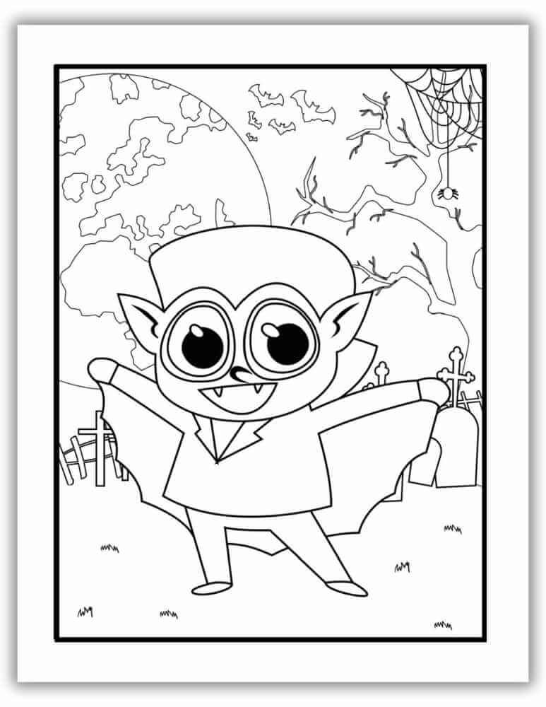 Halloween coloring page with bat and vampire – fun and free to download.