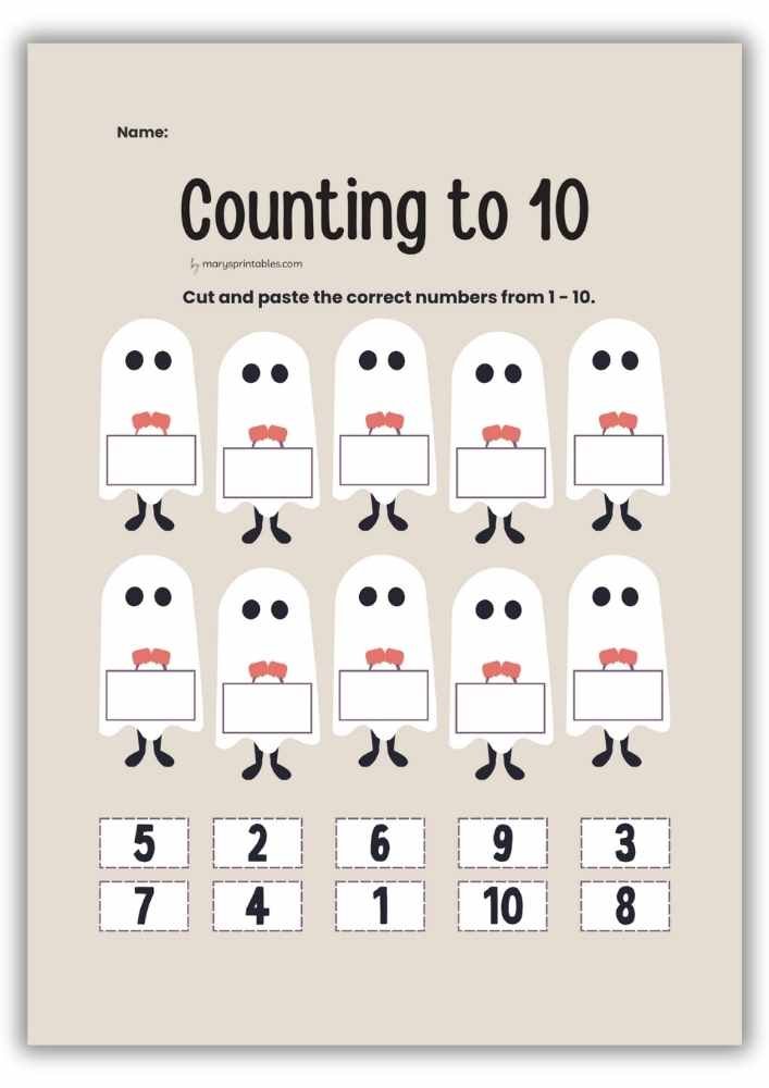 Printable Halloween number worksheet for kids to cut and paste numbers 1 to 10.