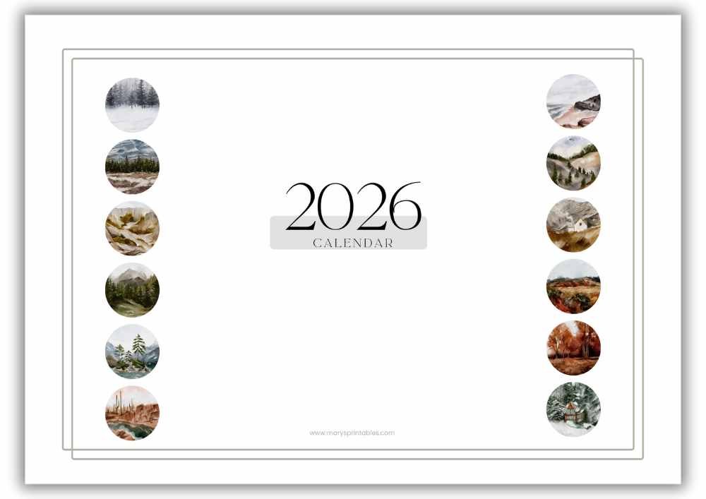 2026 monthly calendar cover with classic style and watercolor illustrations in landscape layout