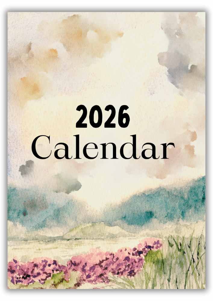 2026 monthly calendar cover with minimalist design and watercolor landscape background in vertical format