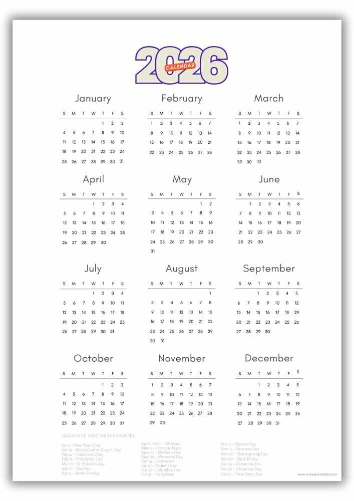2026 printable calendar featuring bold purple outlined header typography and a full U.S. holiday list beneath the monthly grids.