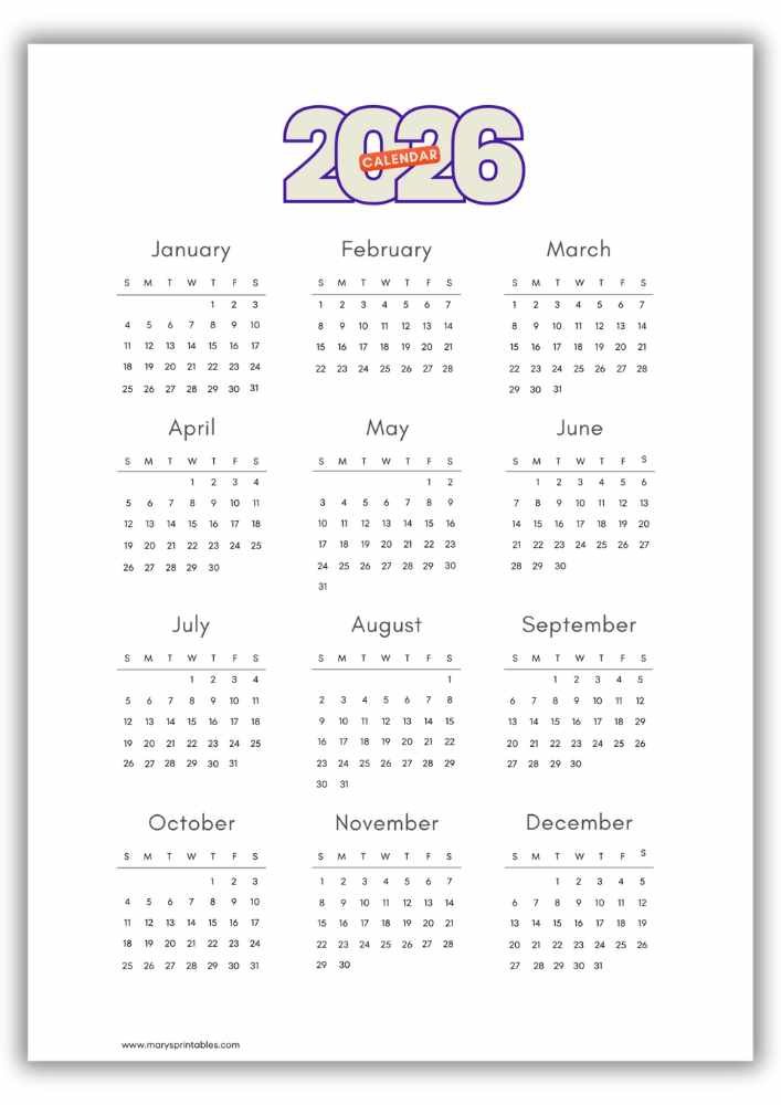 Modern 2026 yearly calendar with bold purple outline numerals and a simple month layout designed without holiday labels.