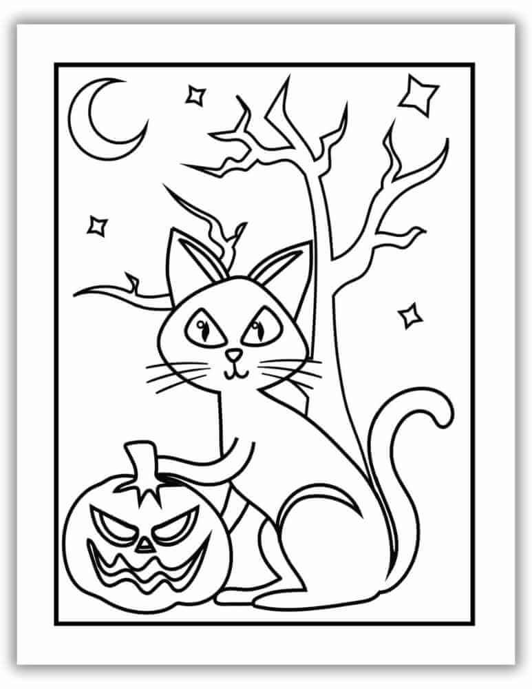 Adorable black cat Halloween coloring page – free printable for kids and cat lovers.