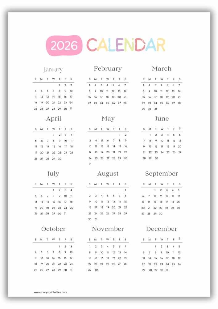 Soft abstract pastel 2026 minimalist calendar featuring gentle brush-stroke shapes and a clean yearly overview without holidays.