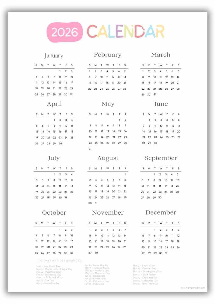 Colorful pastel-rainbow 2026 year-at-a-glance calendar with soft, playful design elements and U.S. holidays printed at the bottom.