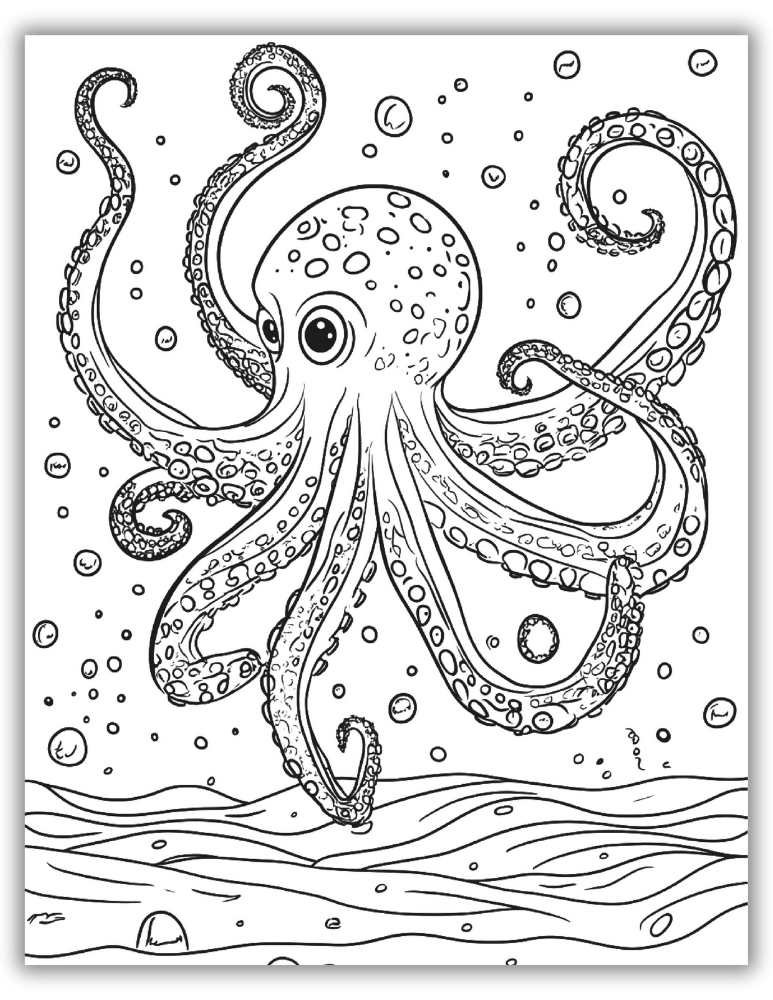 Octopus swimming among seaweed, bubbles, and underwater plants – free printable PDF coloring page with ocean details.