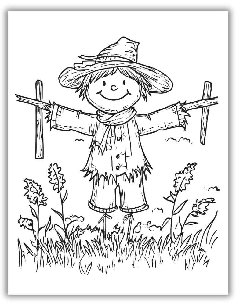 Friendly scarecrow standing in a cornfield printable coloring sheet
