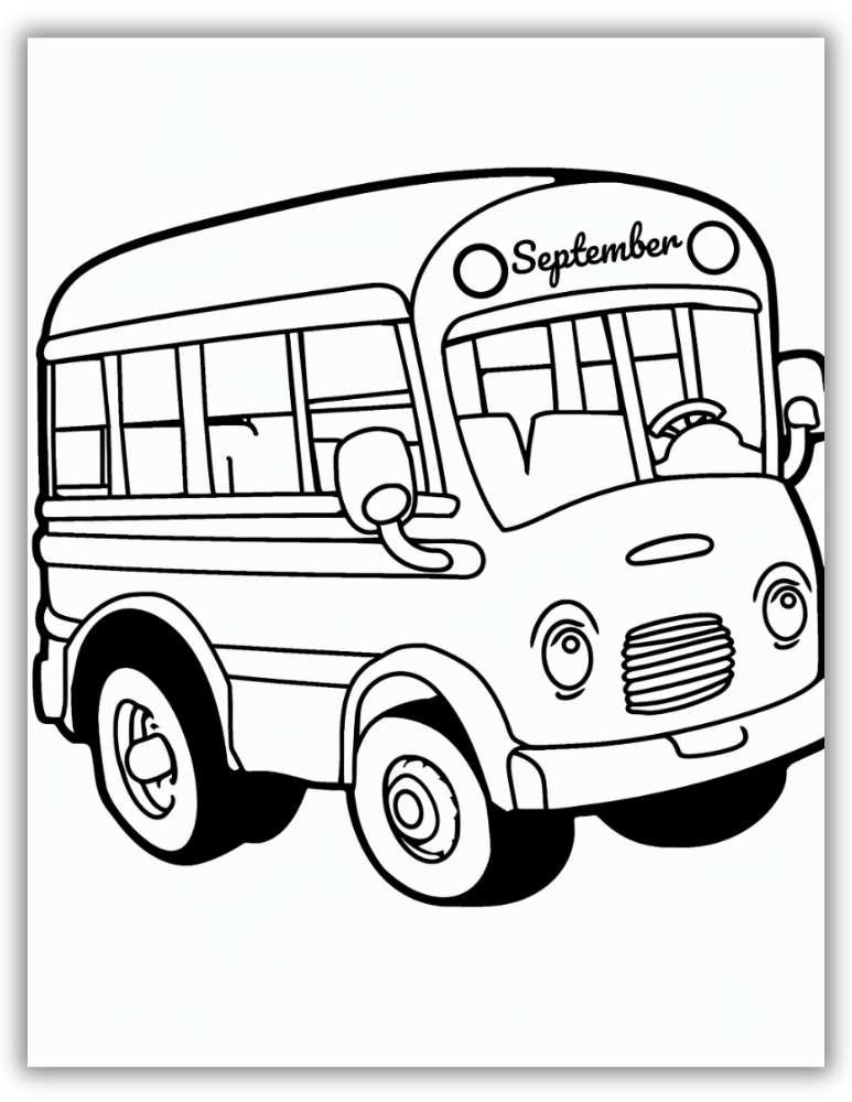 September coloring page featuring a cute school bus with the word September, designed for back to school activities