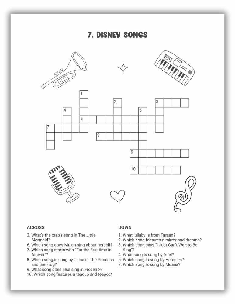 Disney Crossword Puzzles Free PDF Download: Disney Songs