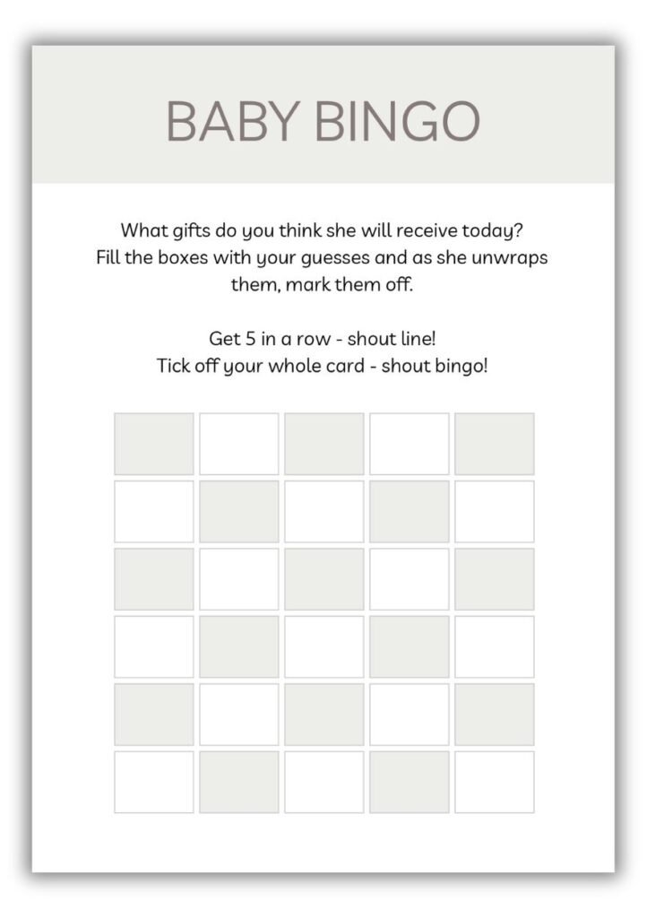 Baby Bingo printable baby shower game with blank 5x5 grid for guests to predict gifts the mom-to-be will receive.