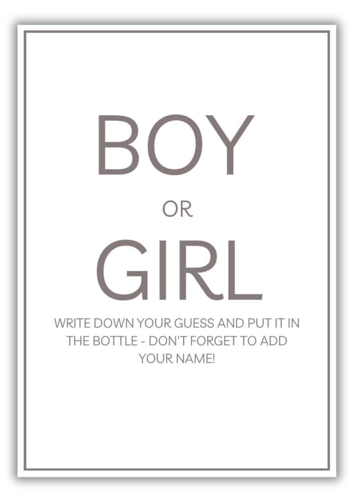 Neutral minimalist baby shower boy or girl prediction card with instructions to write a guess and add name before placing in a bottle.