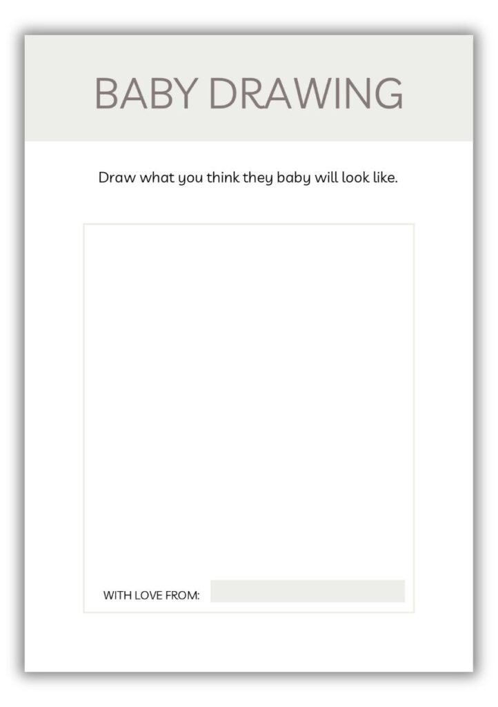 Neutral baby shower baby drawing game with large blank frame for guests to sketch the baby and space to sign their name.