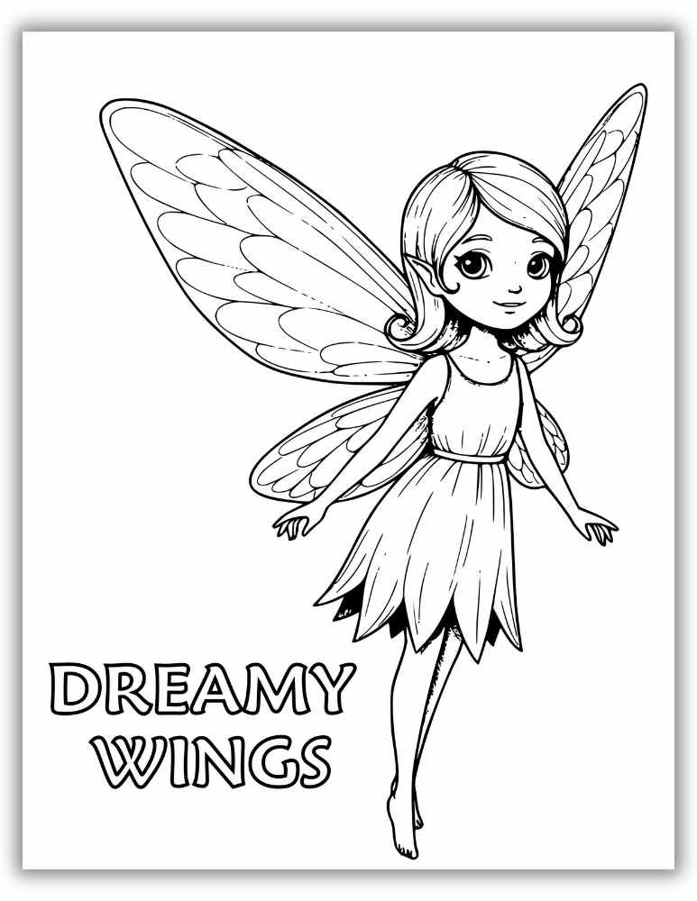 Whimsical fairy with dreamy wings – peaceful coloring page for kids and fairy fans.