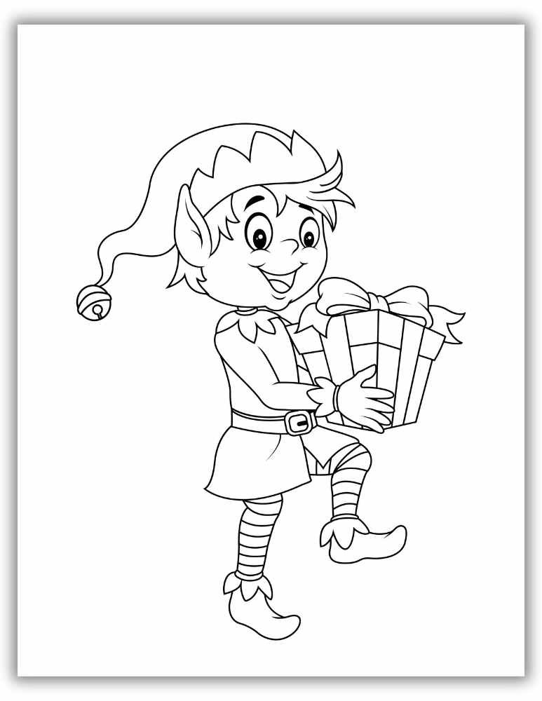 Cute Elf with Gift Coloring Page