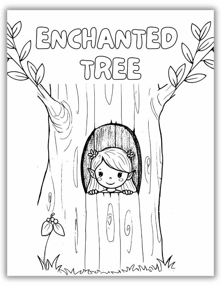 Cute fairy inside an enchanted tree – printable coloring page with forest magic.