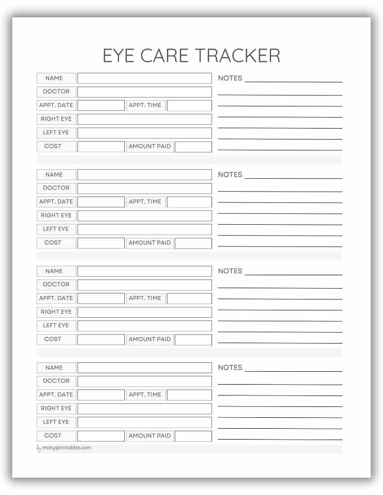 Printable eye care tracker for exams, prescriptions, and visits