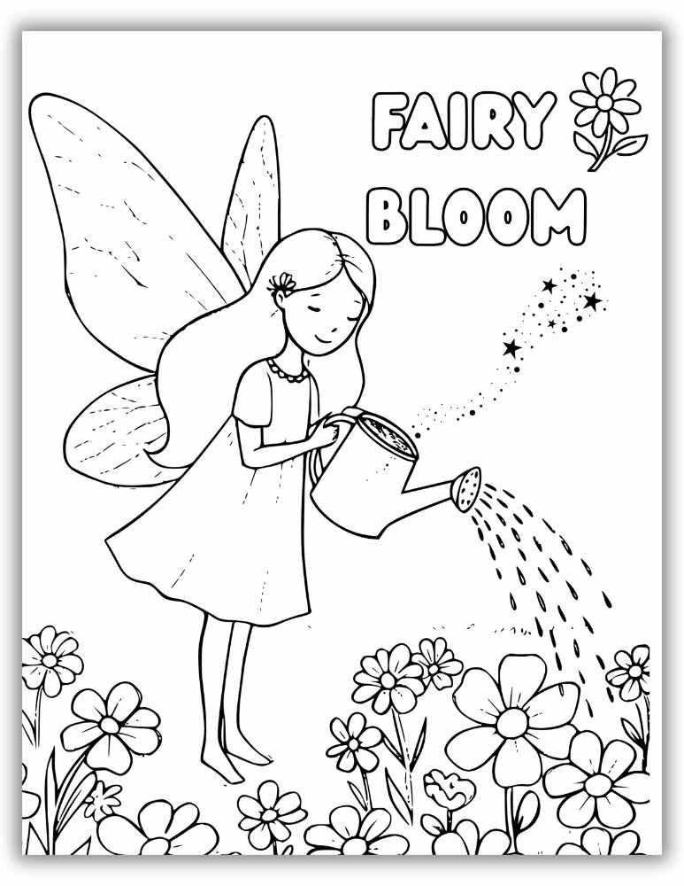 Free fairy coloring page – cute fairy with flowers in bloom, perfect for springtime fun.
