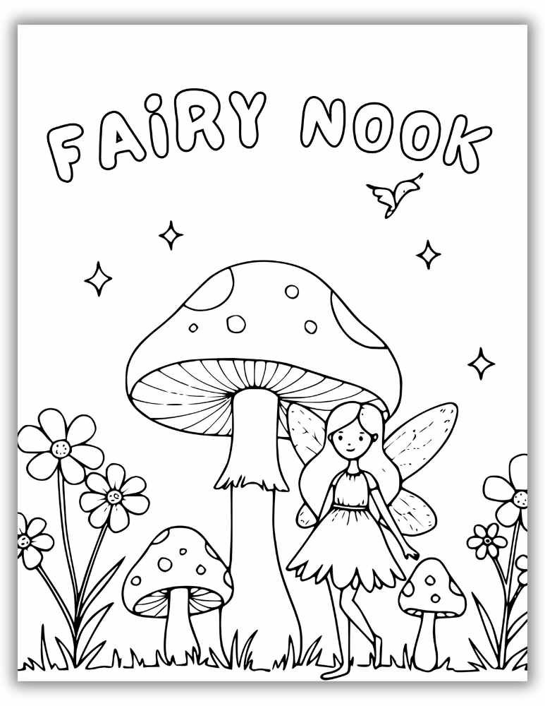 A sweet fairy in her cozy mushroom nook – detailed coloring page for fairy lovers.